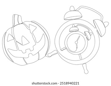 Uma linha contínua de despertador com abóbora Halloween Jack O' Lantern. Conceito de vetor de Ilustração de Linha Fina. Desenho de contorno Ideias criativas.
