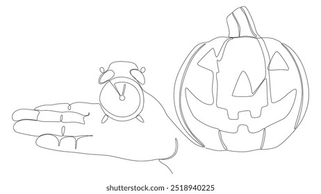 Uma linha contínua de despertador com abóbora Halloween Jack O' Lantern. Conceito de vetor de Ilustração de Linha Fina. Desenho de contorno Ideias criativas.
