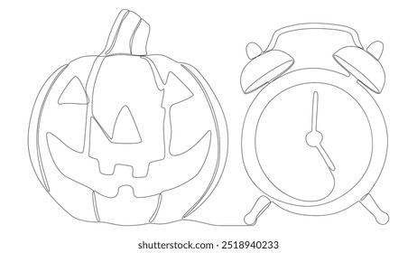 Uma linha contínua de despertador com abóbora Halloween Jack O' Lantern. Conceito de vetor de Ilustração de Linha Fina. Desenho de contorno Ideias criativas.
