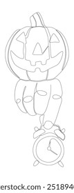 Una línea continua de despertador con calabaza Halloween Jack O' Lantern. Concepto de Vector de ilustración de línea delgada. Contour Dibujo Ideas creativas.
