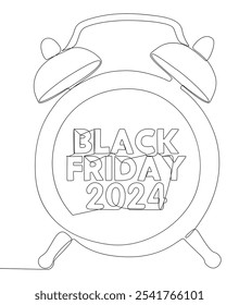 Eine durchgehende Zeile Wecker mit Black Friday 2024 Text. Dünne Linie Illustration Vektorkonzept. Kontur Zeichnung Kreative Ideen.