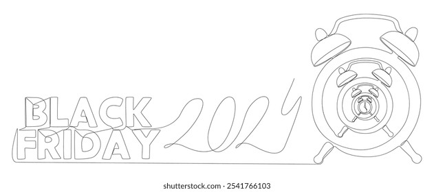 One continuous line of alarm clock with Black Friday 2024 text. Thin Line Illustration vector concept. Contour Drawing Creative ideas.