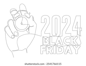 One continuous line of alarm clock with Black Friday 2024 text. Thin Line Illustration vector concept. Contour Drawing Creative ideas.