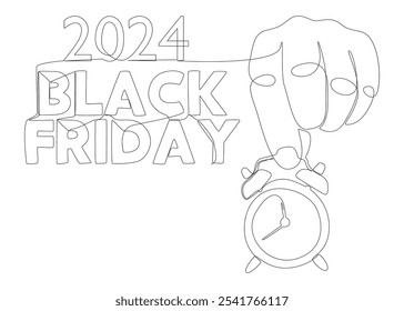 One continuous line of alarm clock with Black Friday 2024 text. Thin Line Illustration vector concept. Contour Drawing Creative ideas.