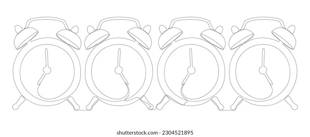 One continuous line of Alarm Clocks. Thin Line Illustration vector clock concept. Contour Drawing Creative ideas.