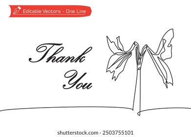 One continuous line of amaryllis flowers as Thank You card decoration. Vector illustration of greeting card with one line background of amaryllis flowers and thank you letter.