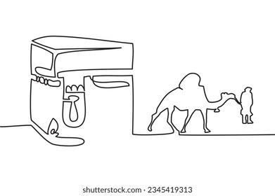 One continuous line of the ancient kaaba and a guide leading a loaded camel. Vector illustration of the image of the kaaba and a camel as a symbol of the ancient atmosphere.