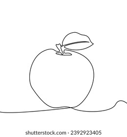One continuous line. Apple with one leaf. Neon sign, fruit, decoration, line art. Vector
