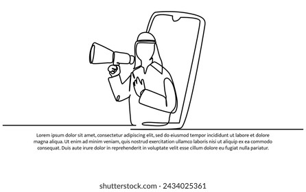 One continuous line of an Arab man holding a megaphone and showing a mobile phone screen.