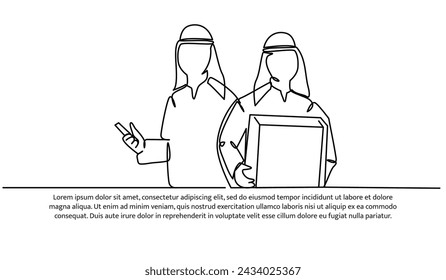 One continuous line of Arab man promoting online delivery business for banner, poster, and greeting card.