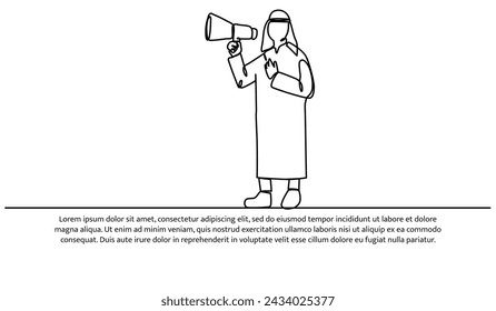 One continuous line of an Arab man holding a megaphone for Islamic celebration promotion model.