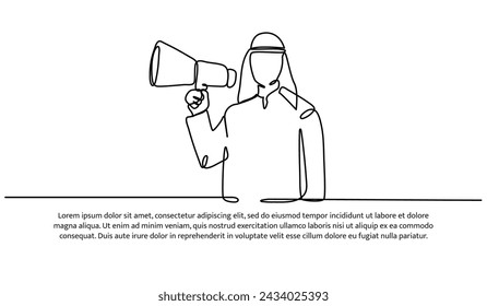 One continuous line of an Arab man holding a megaphone for Islamic celebration promotion model.