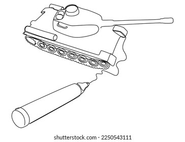 Eine durchgehende Linie aus gepanzertem Tank, gezeichnet mit einem Bleistift. Leuchtzeilenvektorkonzept Erstellen Sie kreative Ideen.