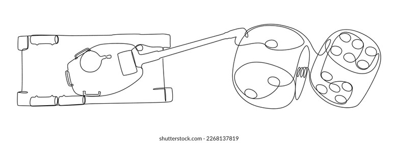 One continuous line of Armored Tank with dice. Thin Line Illustration vector concept. Contour Drawing Creative ideas.