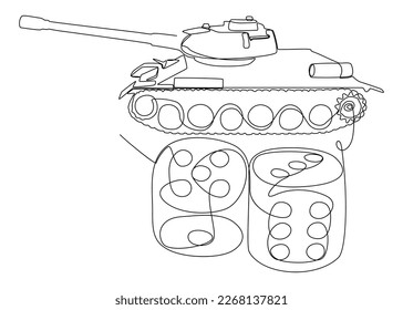One continuous line of Armored Tank with dice. Thin Line Illustration vector concept. Contour Drawing Creative ideas.