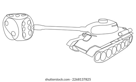 Una línea continua de tanque blindado con dados. Concepto vectorial de Ilustración de líneas delgadas. Contour Drawing Ideas Creativas.