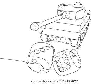Una línea continua de tanque blindado con dados. Concepto vectorial de Ilustración de líneas delgadas. Contour Drawing Ideas Creativas.