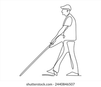 One continuous line art of a blind man is walking on the street with his stick. Young man was crossing the road with the help of his cane. Male in disability. Nobody is perfect. Vector illustration svg