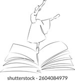 One continuous line art drawing flat illustration book, ballet, dancer, person, dance, dancing, reading, female, ballet dancer. Isolated image hand draw outline on white background