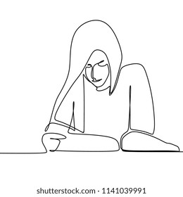 One continuous line art drawing a girl reading a book.