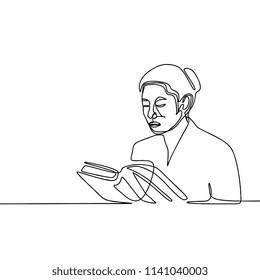 One continuous line art drawing a girl reading book.