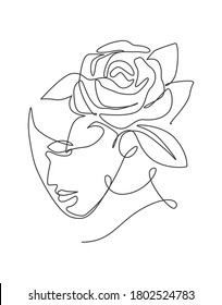 One continuous line art drawing minimalist woman portrait with flowers. Beauty contour abstract face poster wall art print design concept. Dynamic single line draw design graphic vector illustration