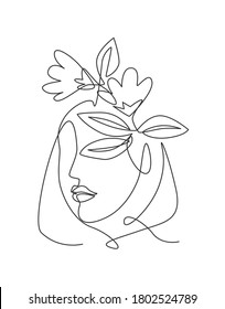 Un retrato de mujer con flores en el dibujo de una línea continua de arte. Contorno de belleza concepto abstracto de diseño de imagen de carátula de carátula. Ilustración gráfica de diseño de trazos de línea única dinámica