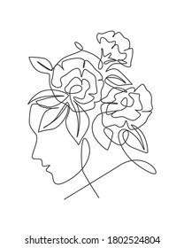 One continuous line art drawing minimalist woman portrait with flowers. Beauty contour abstract face poster wall art print design concept. Dynamic single line draw design graphic vector illustration