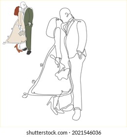 one continuous line art drawing of couple. Characters of bride and groom or husband and wife. Silhouettes of the newlyweds. concept greeting card, wedding,  love, celebration, romance, Valentine's Day