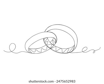 One continuous line art drawing of wedding rings isolated vector illustration on white background.