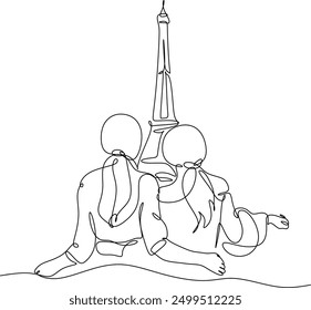Una línea continua de arte dibujando doodle personas, Francia, dos niñas, París, hermoso, Europa, torre, francés, turismo. Dibujado a mano sin inteligencia artificial