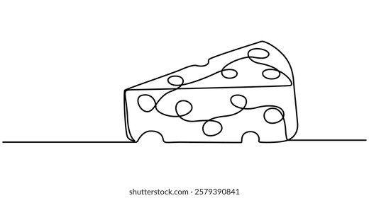 Сheese in one continuous line art drawing style. Wheel of cheese with holes and a piece cut from it, One line drawing of cheese for logo. Hand drawn linear sketch of wheel of cheese with holes and pro