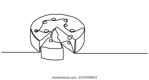Сheese in one continuous line art drawing style. Wheel of cheese with holes and a piece cut from it, One line drawing of cheese for logo. Hand drawn linear sketch of wheel of cheese with holes and pro