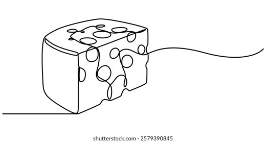 Сheese in one continuous line art drawing style. Wheel of cheese with holes and a piece cut from it, One line drawing of cheese for logo. Hand drawn linear sketch of wheel of cheese with holes and pro