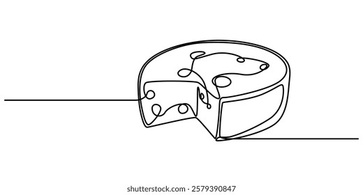 Сheese in one continuous line art drawing style. Wheel of cheese with holes and a piece cut from it, One line drawing of cheese for logo. Hand drawn linear sketch of wheel of cheese with holes and pro