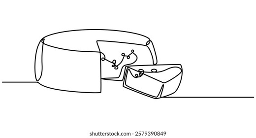 Сheese in one continuous line art drawing style. Wheel of cheese with holes and a piece cut from it, One line drawing of cheese for logo. Hand drawn linear sketch of wheel of cheese with holes and pro