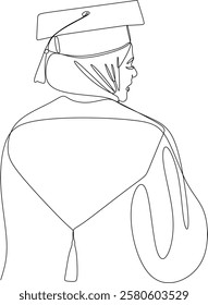 One continuous line art drawing flat drawing student, woman, education, graduate, school, girl, young, university, cheerful, dress, hat. Drawn without artificial intelligence