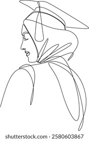 One continuous line art drawing flat drawing student, woman muslim, education, graduate, school, girl, young, university, cheerful, dress, hat. Drawn without artificial intelligence