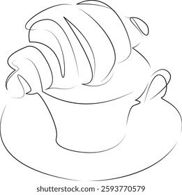 One continuous line art drawing flat illustration croissant, cafe, cup, drink, hot drink, breakfast, food, morning, espresso, snack. Isolated image hand draw outline on white background