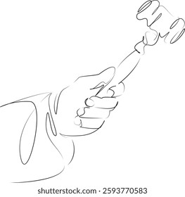 One continuous line art drawing flat illustration gavel, decision, authority, law, judgement, courtroom, hammer, judge, human hand. Isolated image hand draw outline on white background