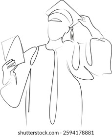 One continuous line art drawing flat illustration person, student, woman, diploma, university, education, graduation, happy, achievement. Isolated image hand draw outline on white background