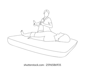 One continuous line art drawing of massaging on a table. Rehabilitation therapy, massaging on a table. Physiotherapy treatment vector illustration.  Hand made vector not Al