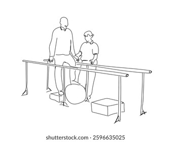  One continuous line art drawing of 
 physical therapist assisting man to walk with the support of bars at hospital gym vector illustration outline sketch hand drawn. Hand made vector not Al
