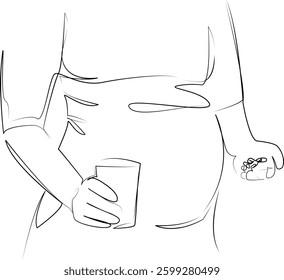 One continuous line art drawing flat illustration pill, medicine, pregnant, vitamin, person, woman, hand, water, care, female. Isolated image hand draw outline on white background