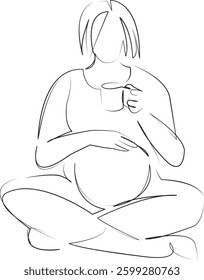 One continuous line art drawing flat illustration pregnant, woman, lifestyle, adult, horizontal, indoors, one person, relaxation, color image. Isolated image hand draw outline on white background