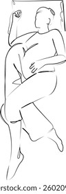 One continuous line art drawing flat illustration pillow, pregnant, person, woman, pregnancy, bed, care, comfortable, mother, belly. Isolated image hand draw outline on white background