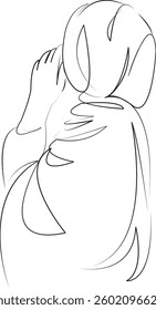 One continuous line art drawing flat illustration woman, person, muslim, headscarf, adult, islam, female, portrait, arabic. Isolated image hand draw outline on white background