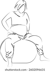 One continuous line art drawing flat illustration mother, pregnant, woman, labor, childbirth, pregnancy, abdomen, indoor, antenatal, ball. Isolated image hand draw outline on white background