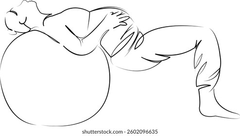 One continuous line art drawing flat illustration woman, pregnant, mother, lifestyle, exercising, sport, adult, indoor, ball. Isolated image hand draw outline on white background