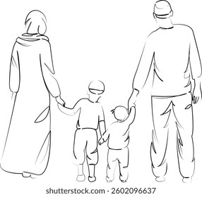 One continuous line art drawing flat illustration child, islam, mother, smiling, female, family with two children, happiness, male, family. Isolated image hand draw outline on white background